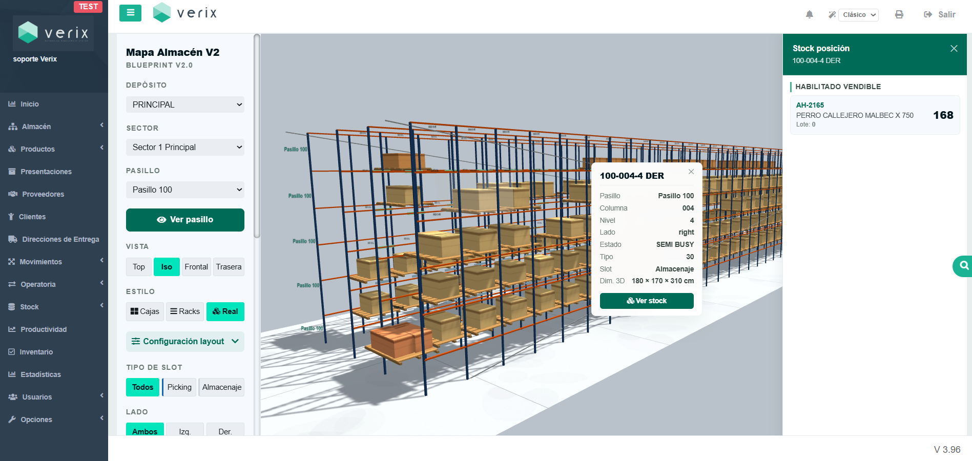 Mapa Almacén V2 de Verix WMS: el depósito en 3D con racks, pallets y el detalle de stock de una posición