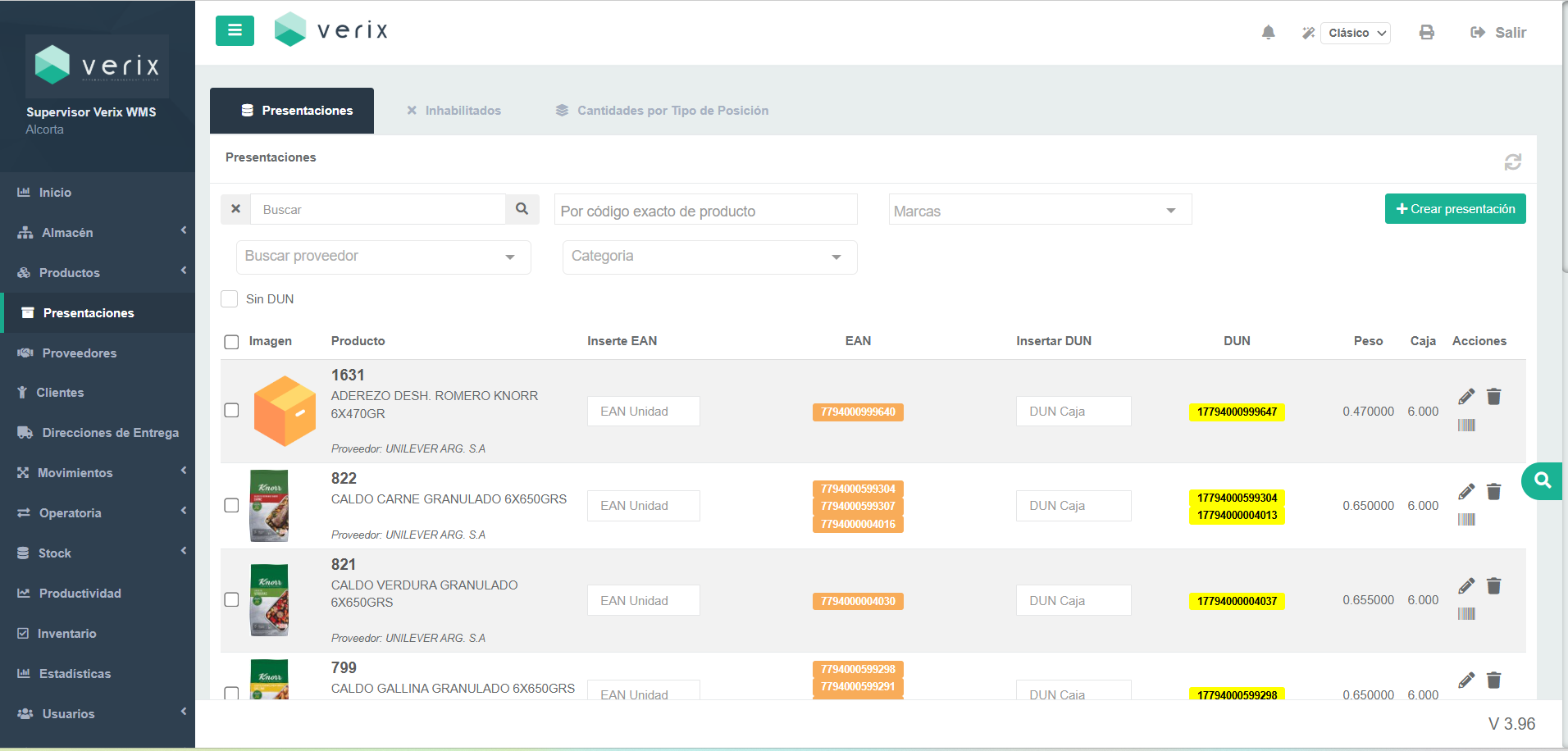 Catálogo de presentaciones de Verix WMS: productos con EAN, DUN, peso y unidades por caja
